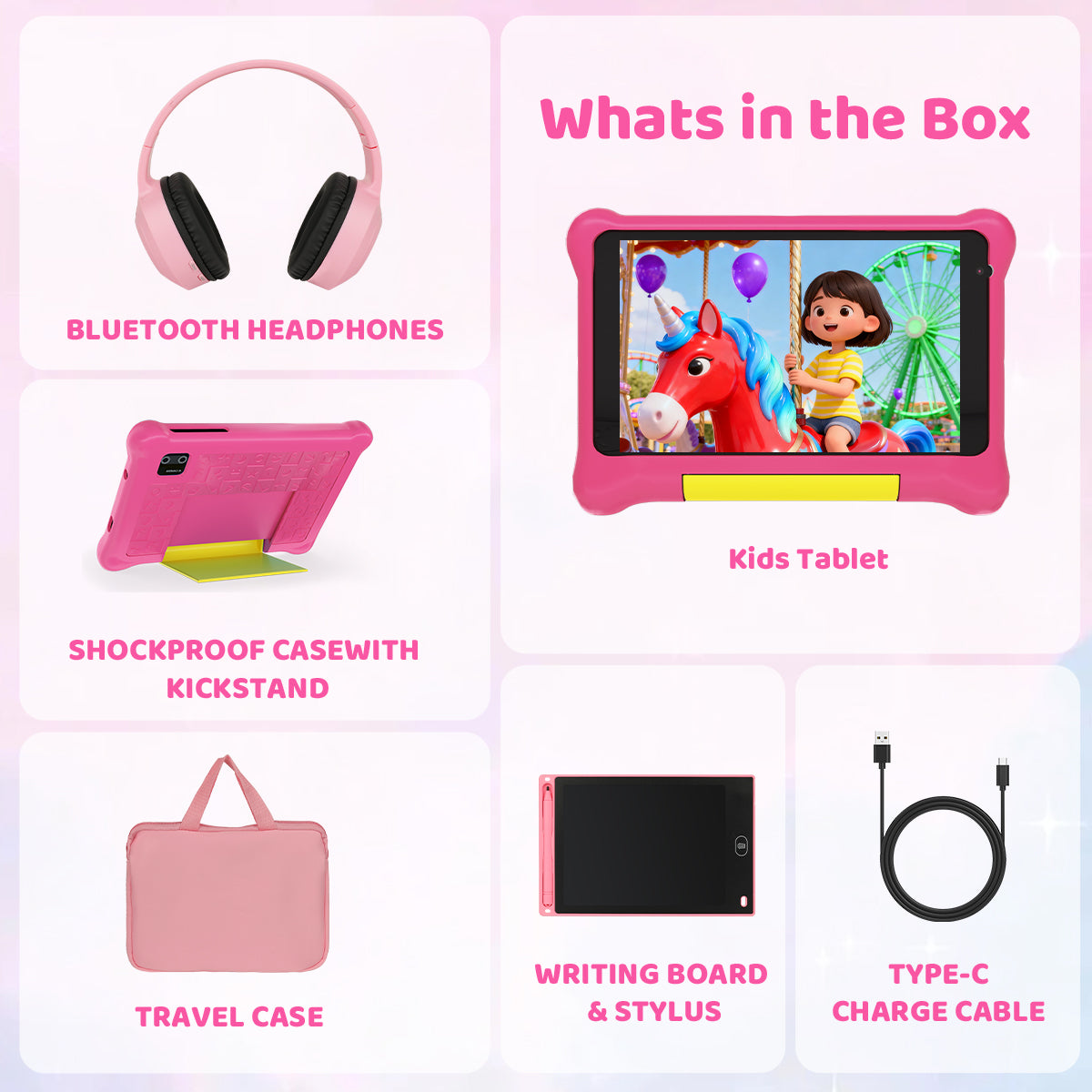 Kids tablet bundle contents: pink case, headphones, travel case, and charging cable in box