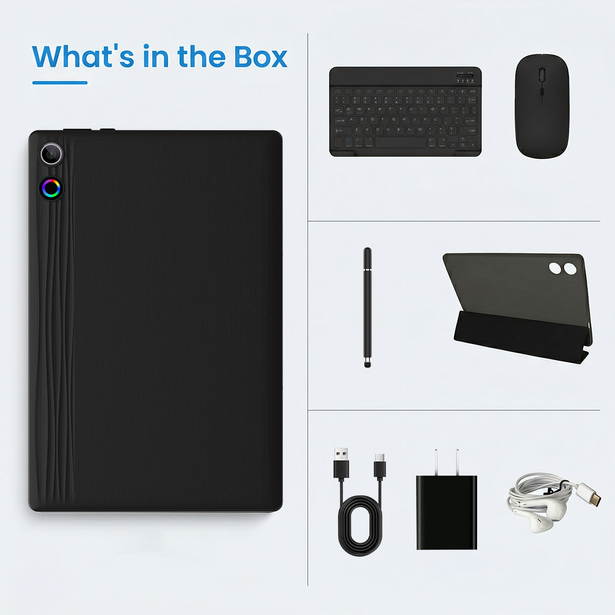 Black tablet accessory set with keyboard, mouse, stylus, charger, and cables