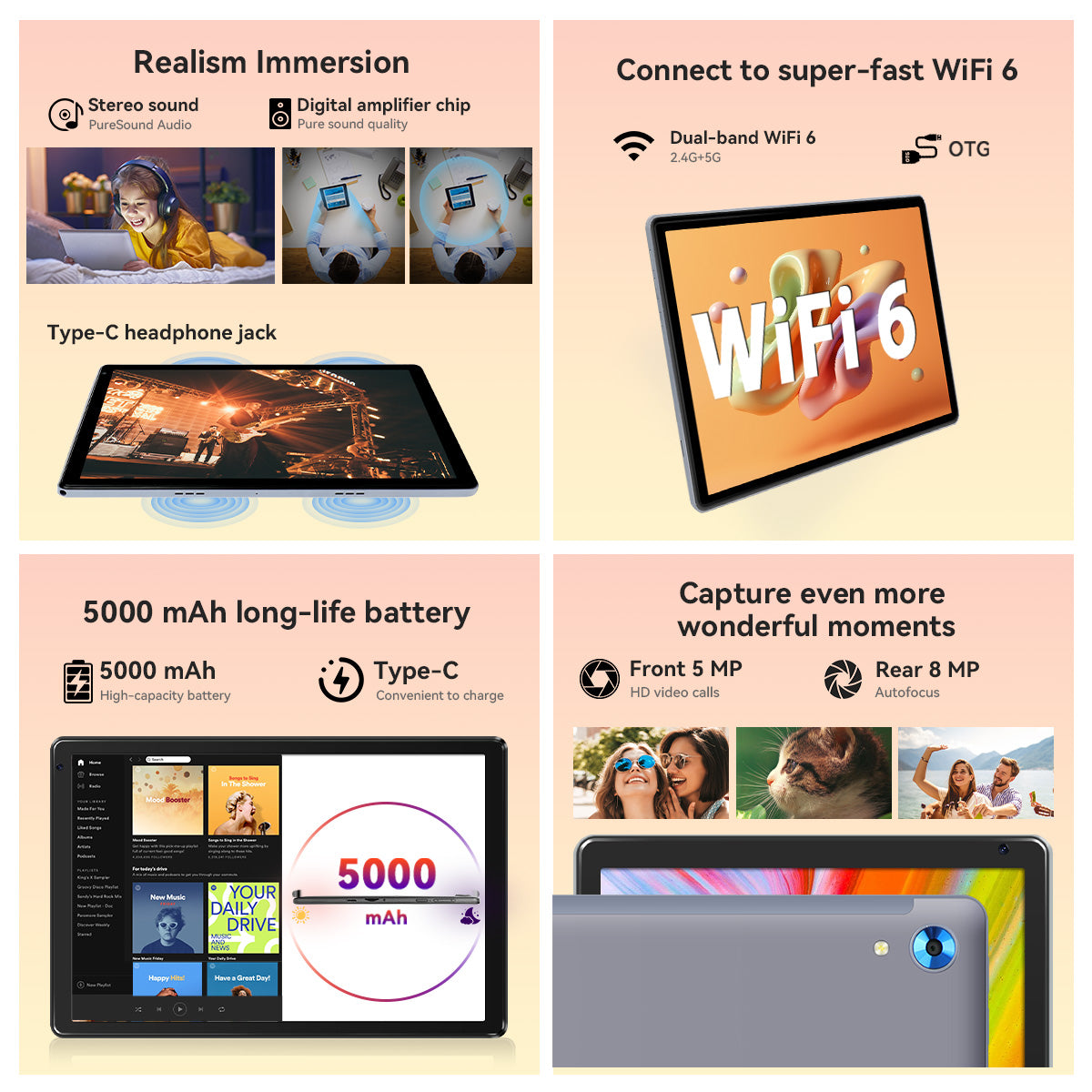 Gray tablet front screen featuring Wi‑Fi and charging icons for connectivity