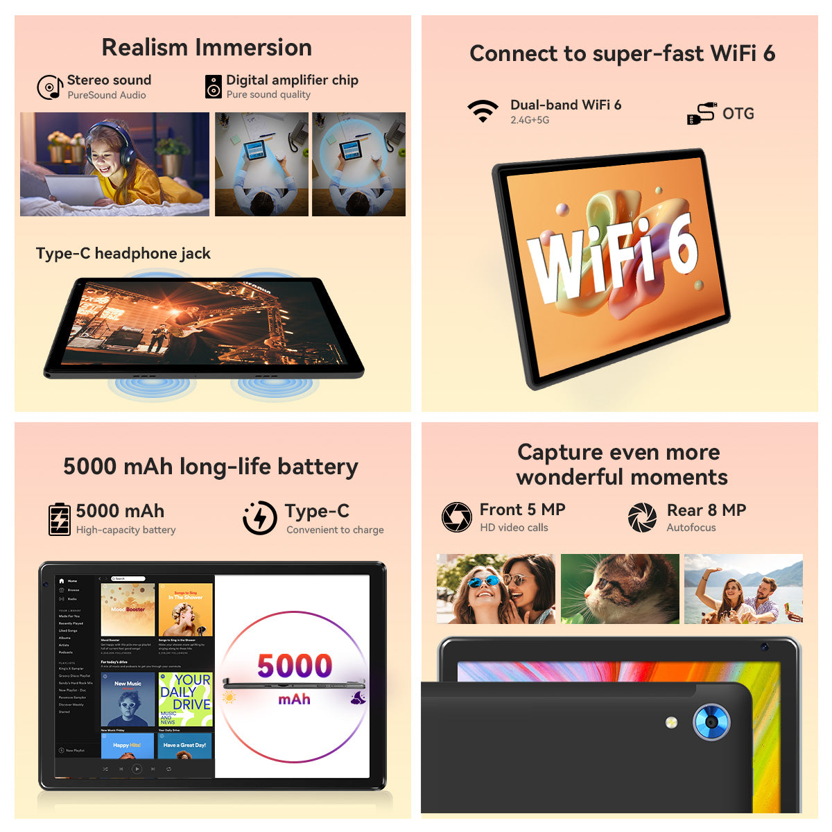 Black Android tablet featuring Wi-Fi 6 and long-life 5000 mAh battery