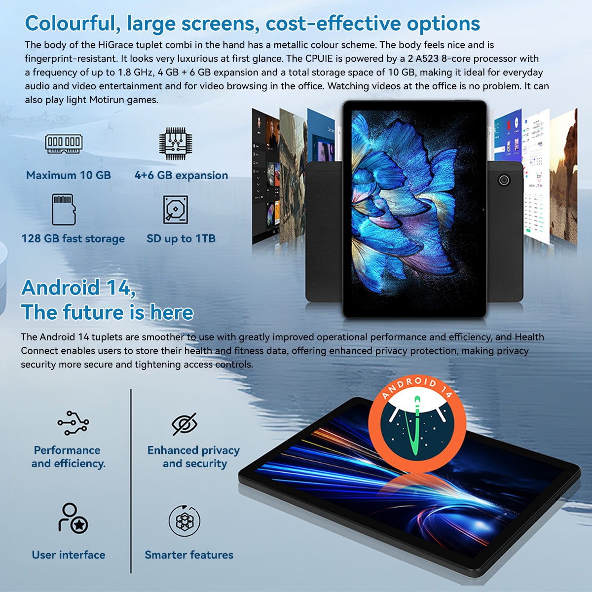 Black Android tablet with front and rear panels, screens turned on