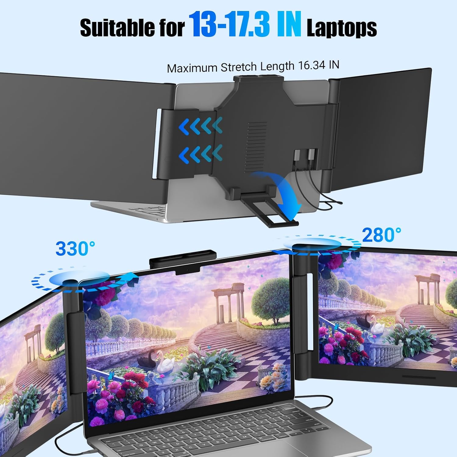Triple portable monitor extender with adjustable clamp arms for 13-17.3 inch laptops