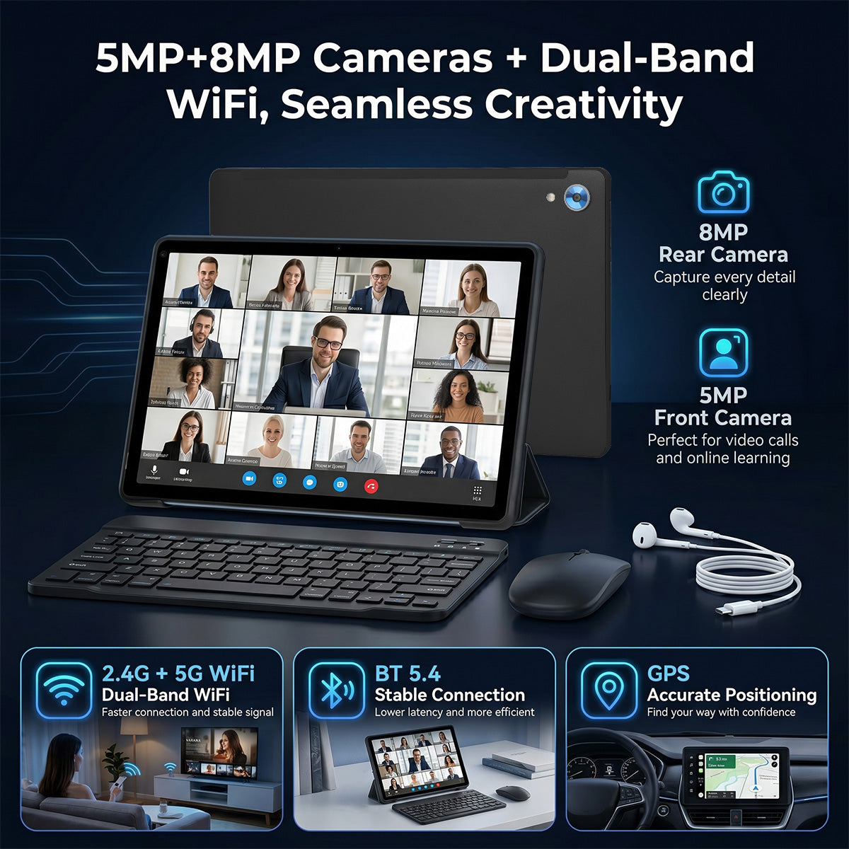 10-inch tablet with keyboard and mouse, plus charging cable and accessories