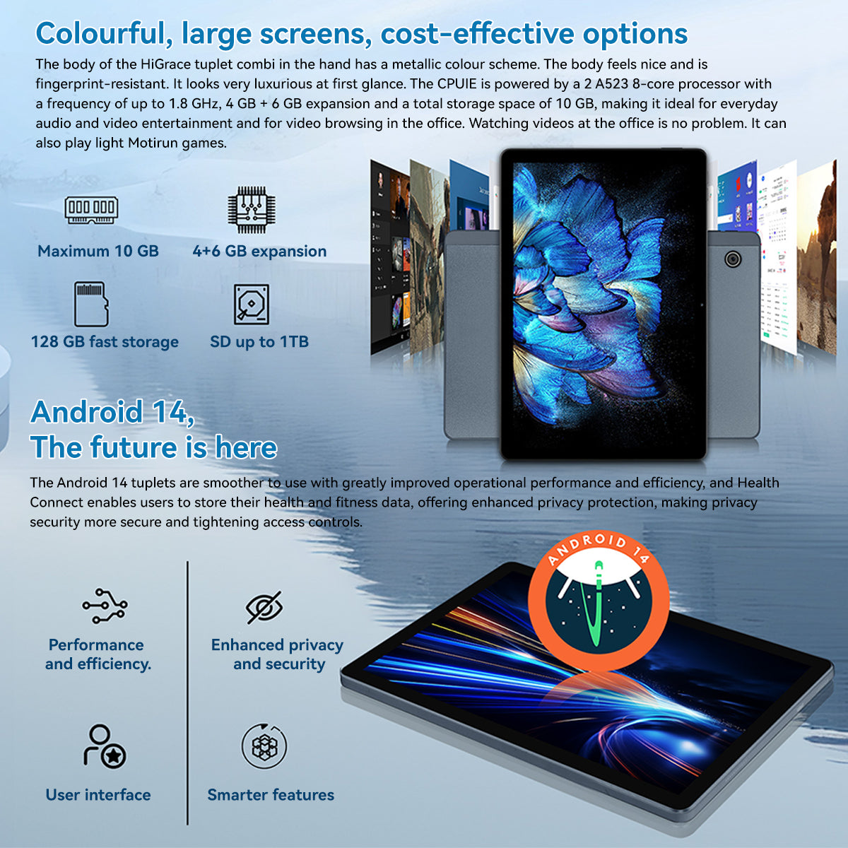 11-inch Android tablet with colorful screen wallpaper, dark gray back tablet behind