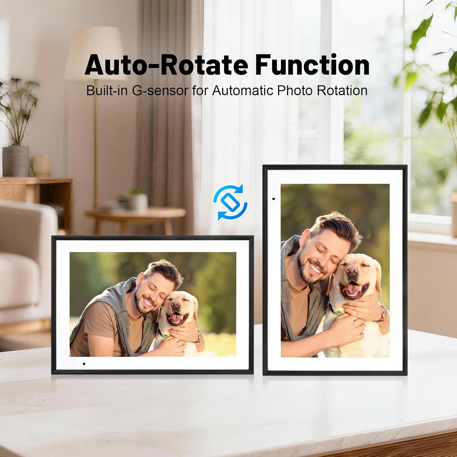 10.1-inch digital picture frame with auto-rotating photos; two images on display.