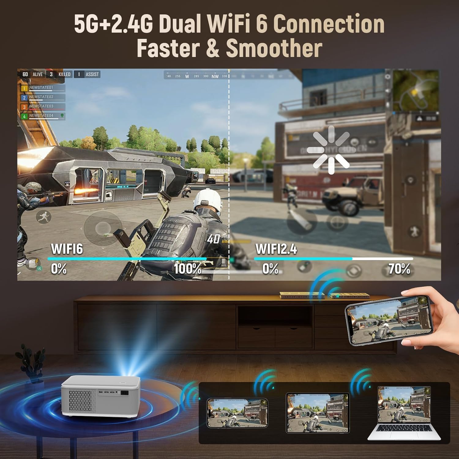 White WiFi video projector with front lens, shown with streaming and control overlay.
