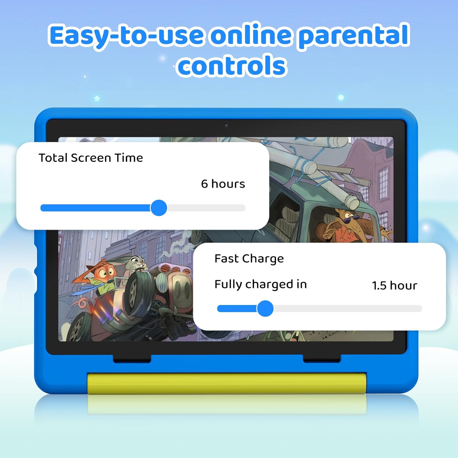 Blue kids tablet displaying parental controls and charging info