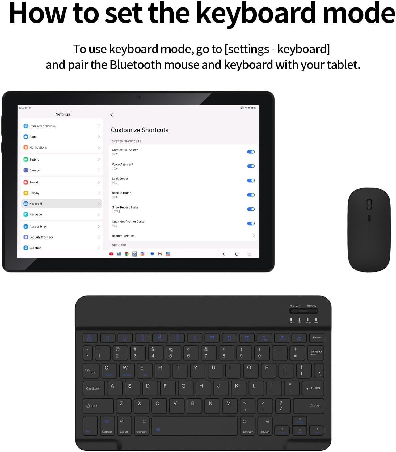 Keyboard and mouse beside Android tablet showing settings screen