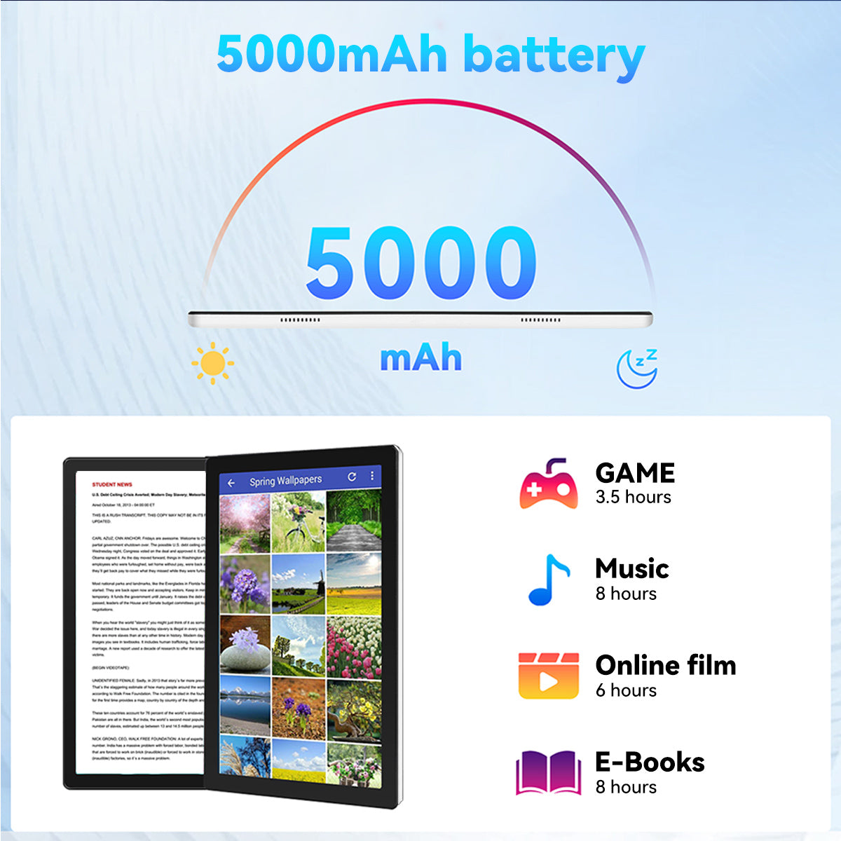 Tablet with 5000mAh battery graphic and entertainment time icons.