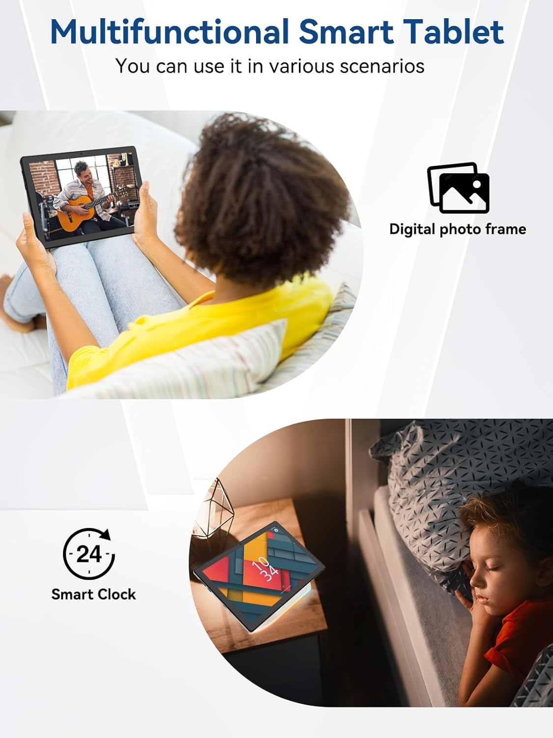 Android tablet being held and used with smart clock and digital photo frame modes