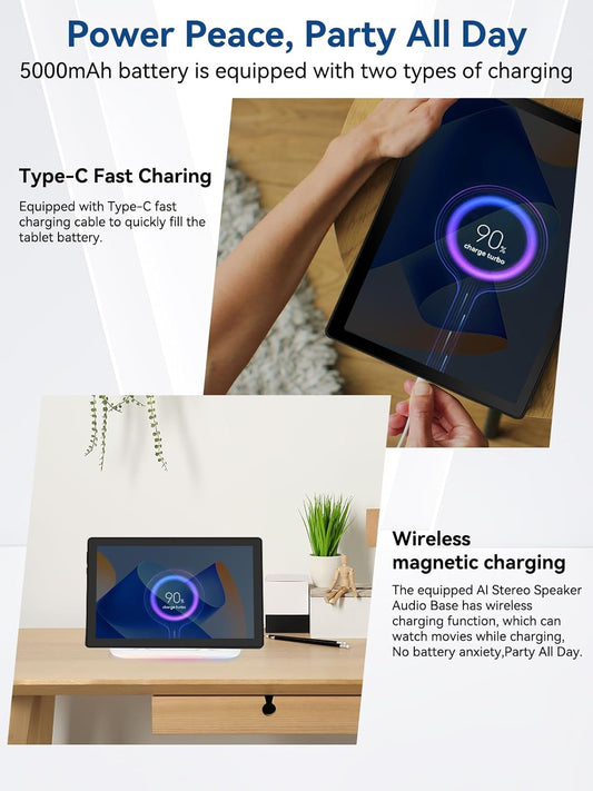 Android tablet with speaker dock and wireless charging base, front view and close-up details