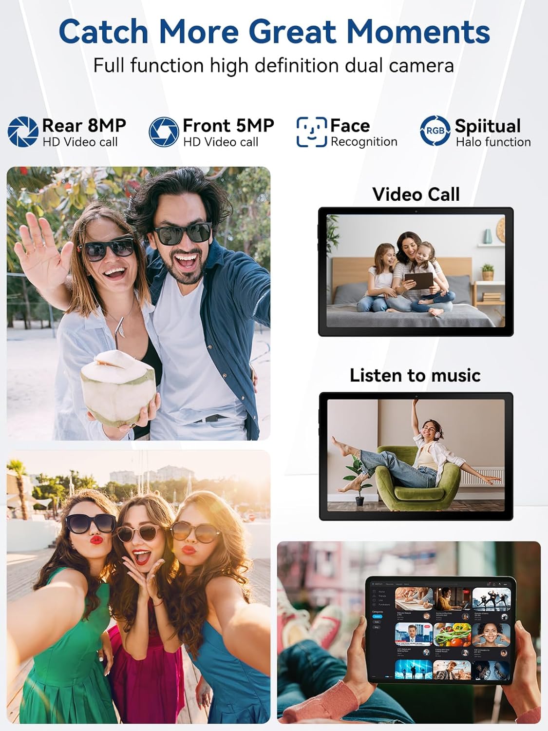 Android tablet for video calls and media, shown with dual cameras and front screen