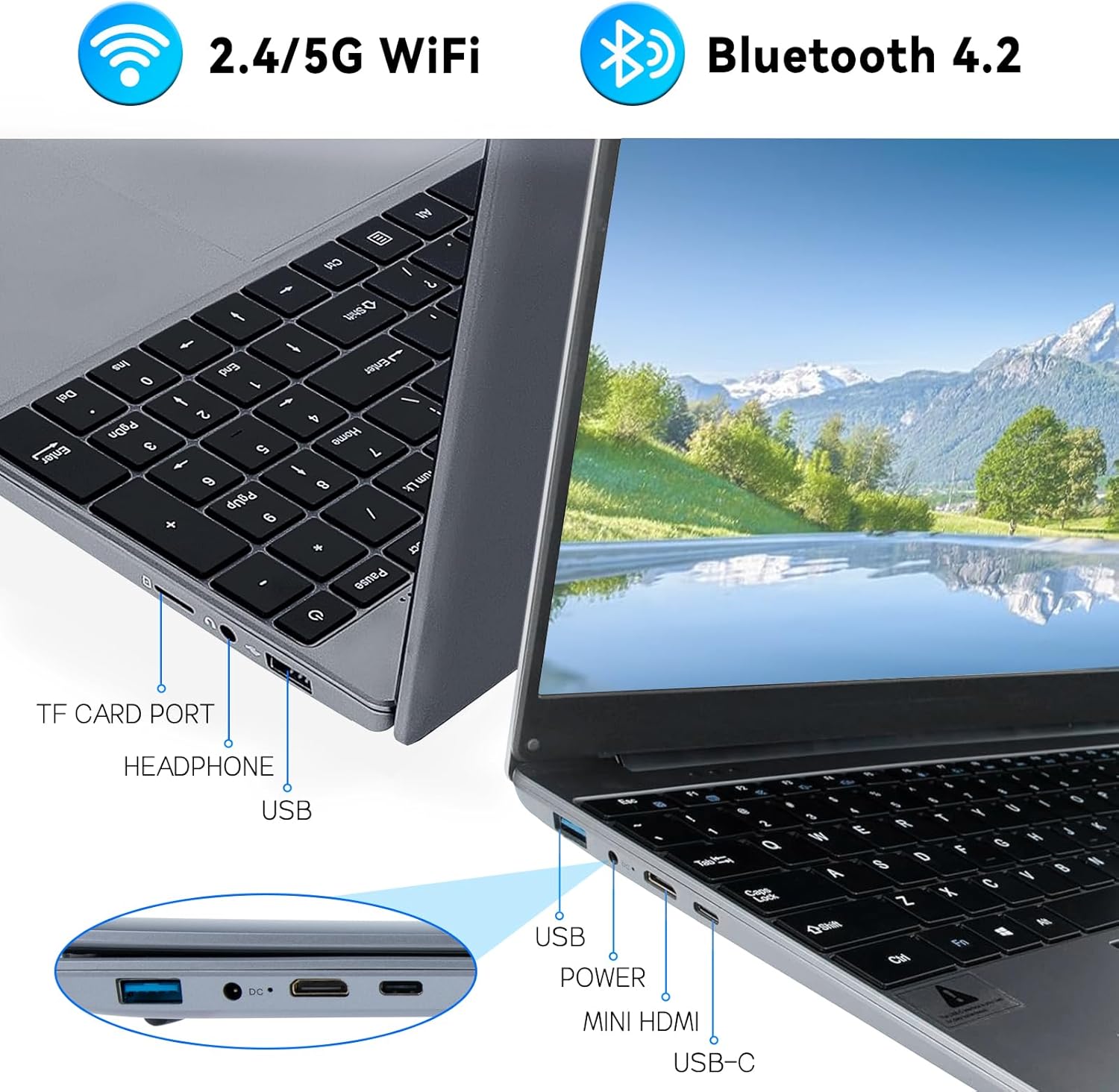 Laptop side ports and keyboard edge, showing USB-C, USB, headphone, and TF card port.