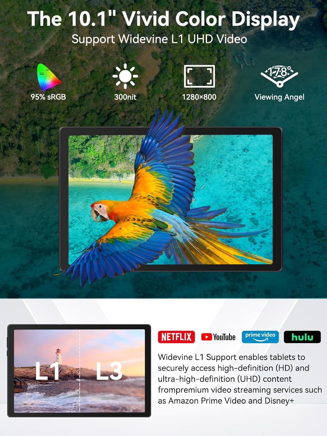 10.1 inch Android tablet displaying a colorful bird on the screen