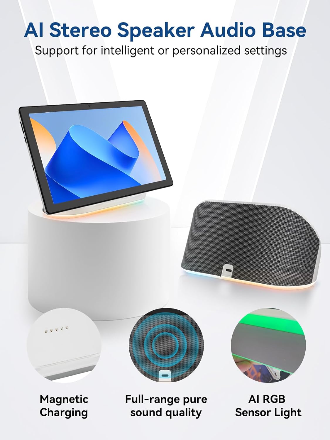 Android tablet speaker dock base with tablet, plus charging and light feature angles