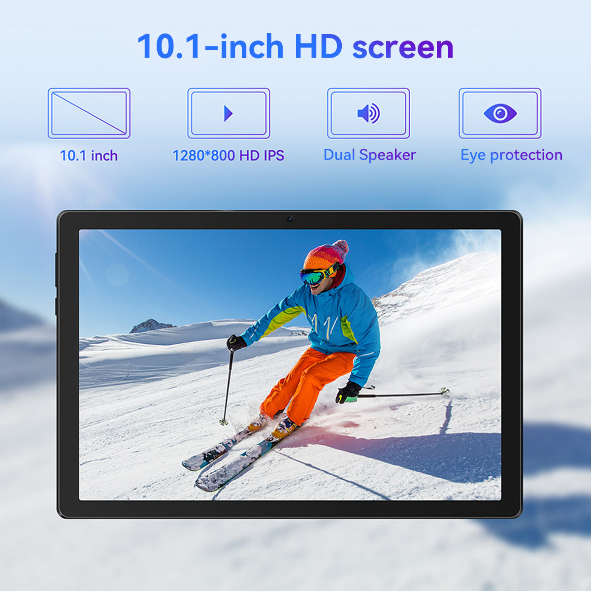 10.1-inch tablet front view with active display and black bezel.