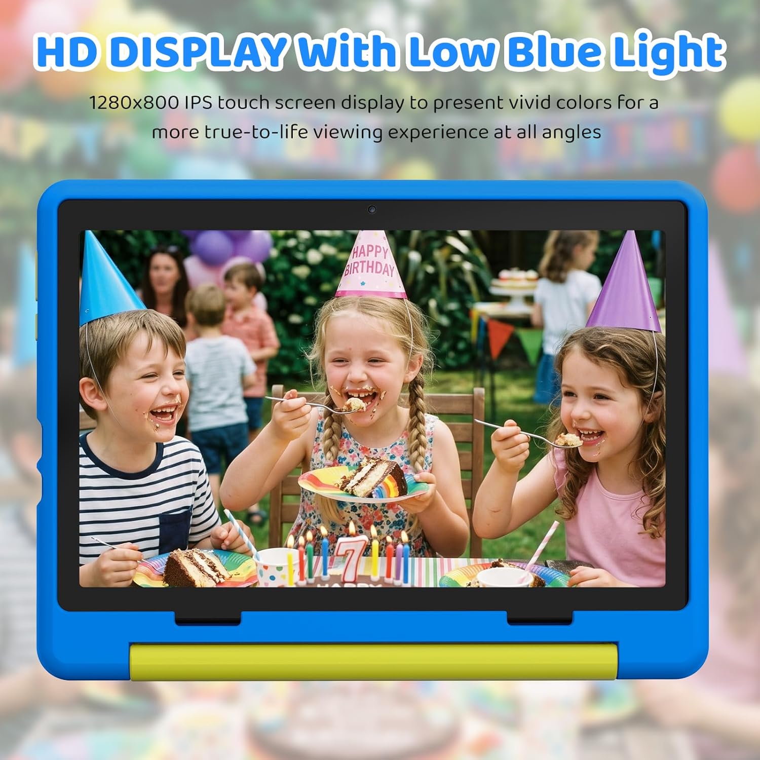 Blue kids tablet with kids birthday scene on the display