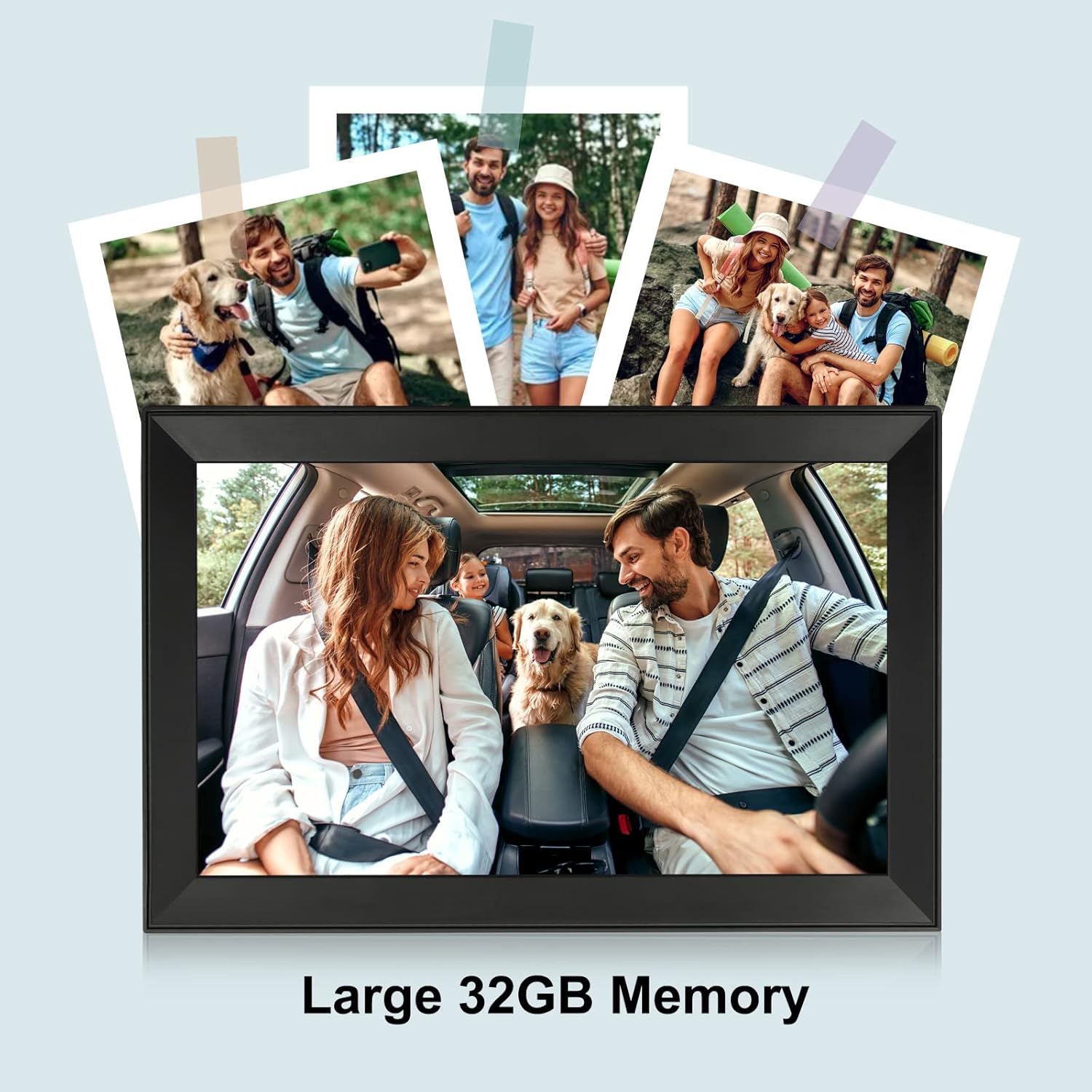 Digital picture frame with touch screen, black frame showing a couple with pets and collage photos