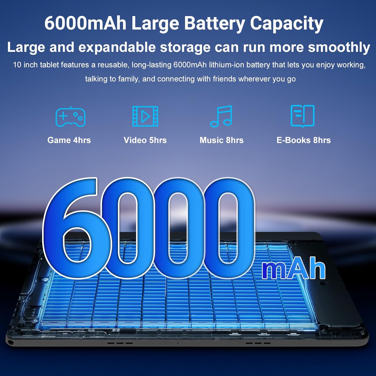 Android tablet shown with 6000mAh battery capacity graphic overlay