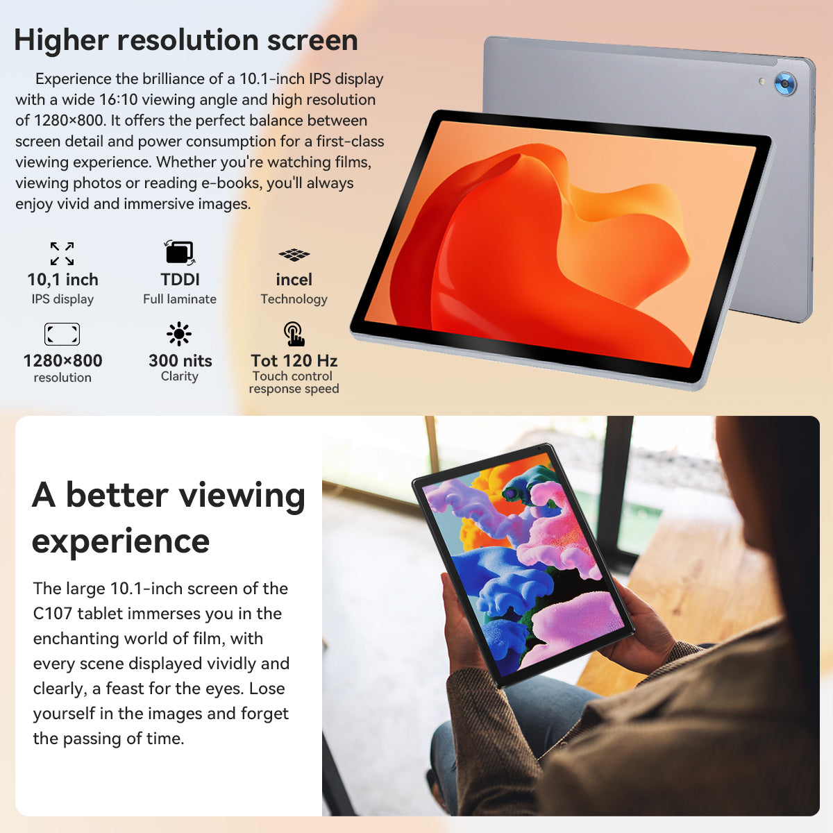 Gray 10.1-inch tablet with bright orange abstract display on the screen
