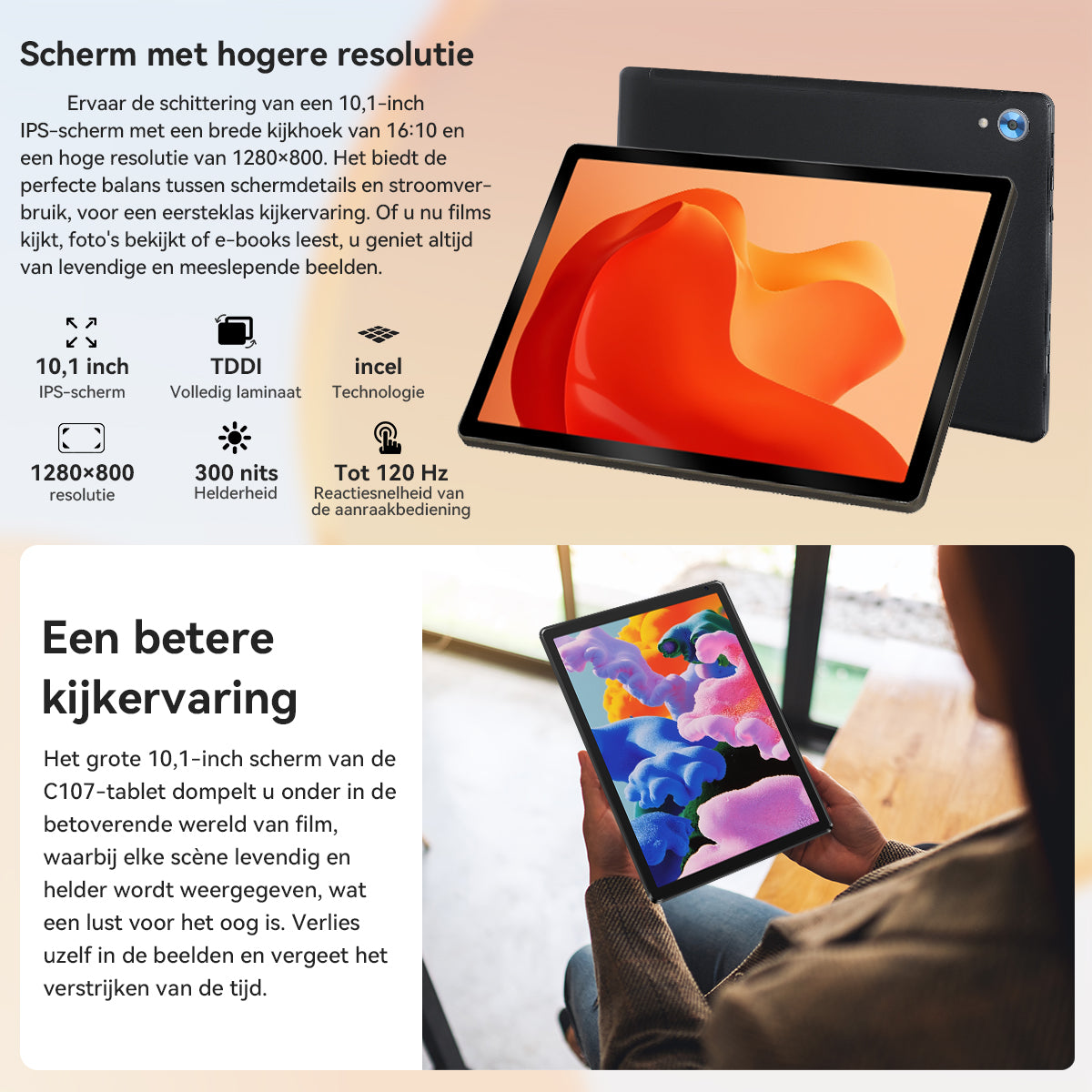 Black Android 15 10.1-inch tablet held in hand with bright touchscreen