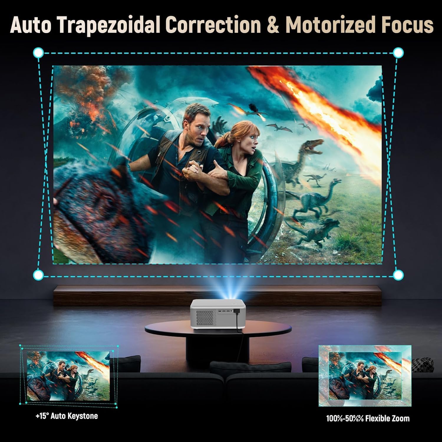 White video projector centered on a table stand, front lens aimed toward a screen.