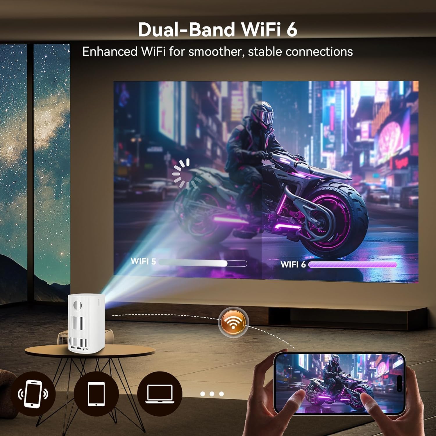 White portable projector with WiFi connection shown alongside a phone display