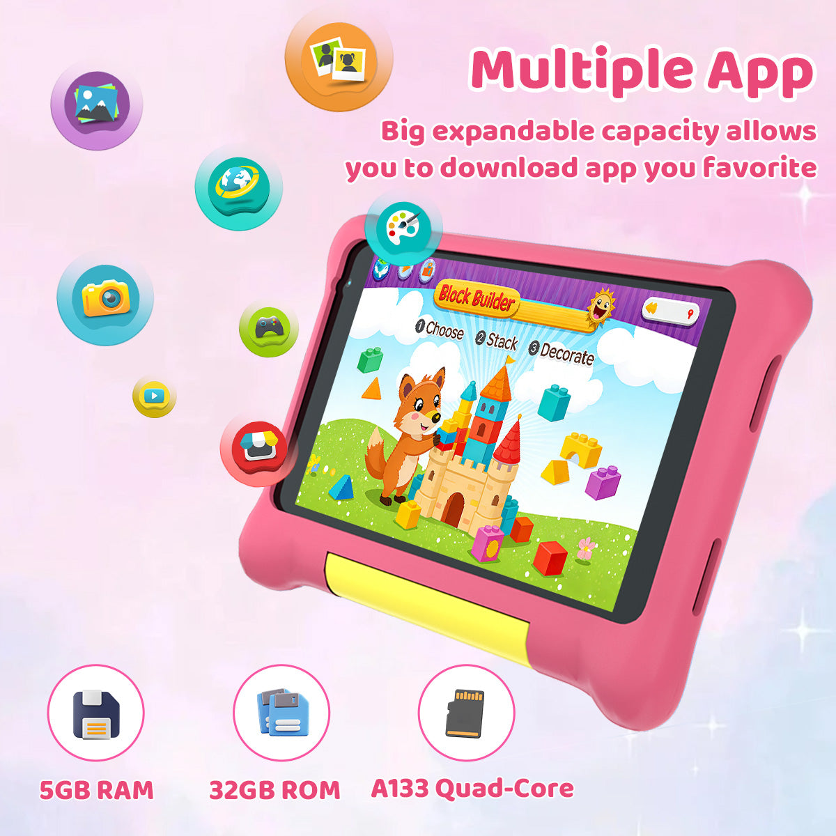 Pink kids Android tablet with colorful app screen in protective case