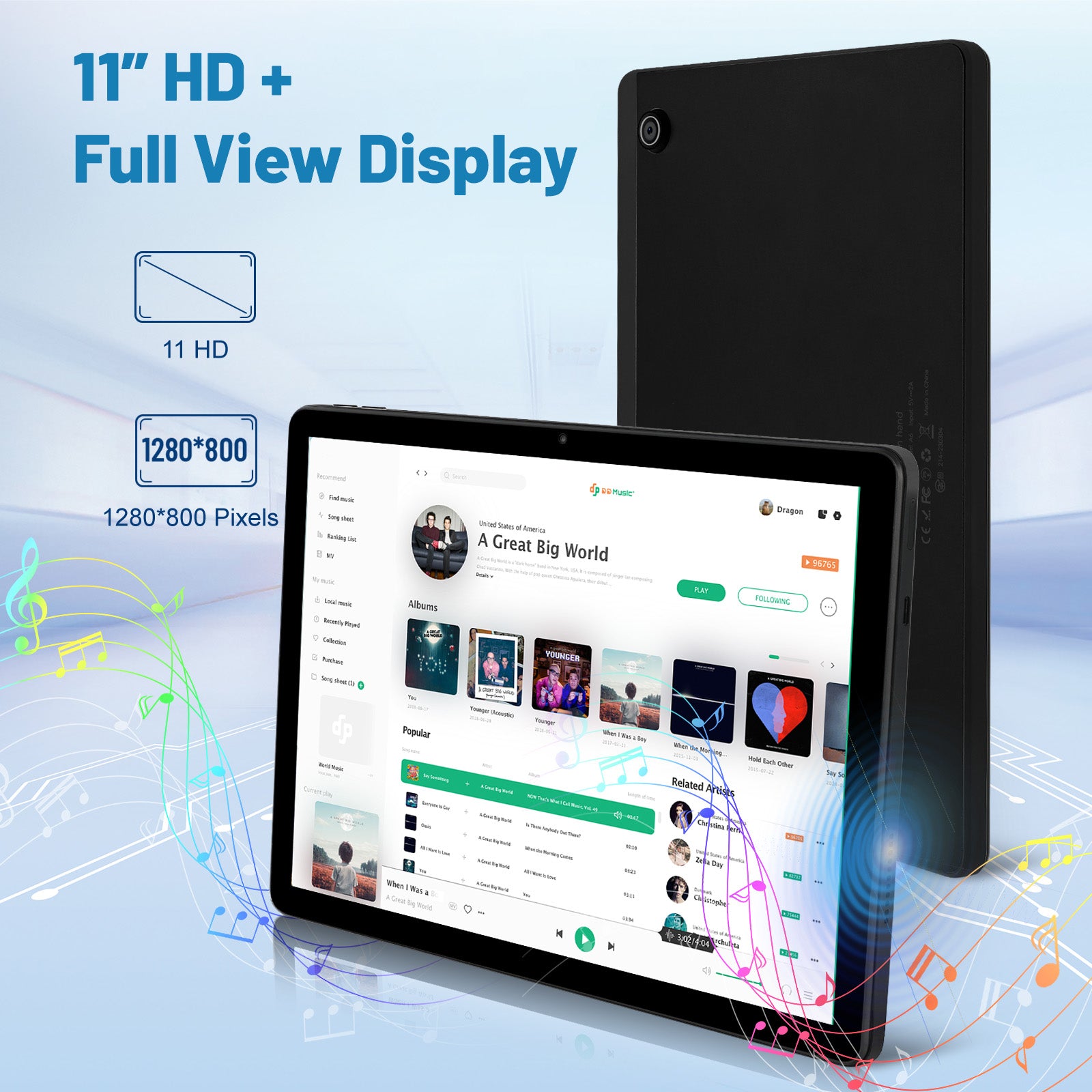 Black 11-inch Android tablet with wide display and rear camera at top