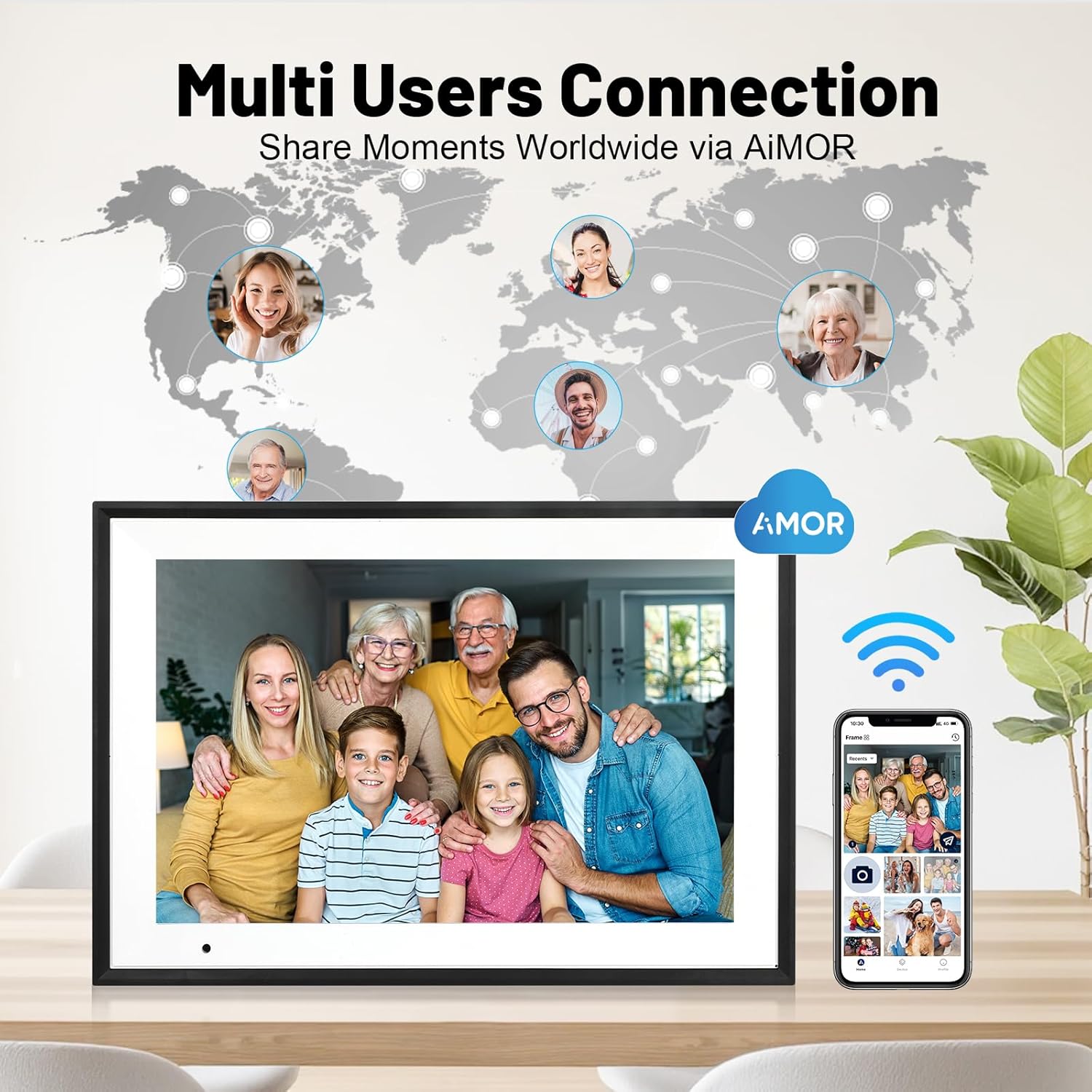 10.1-inch digital picture frame displaying group photo; smartphone shown beside it.
