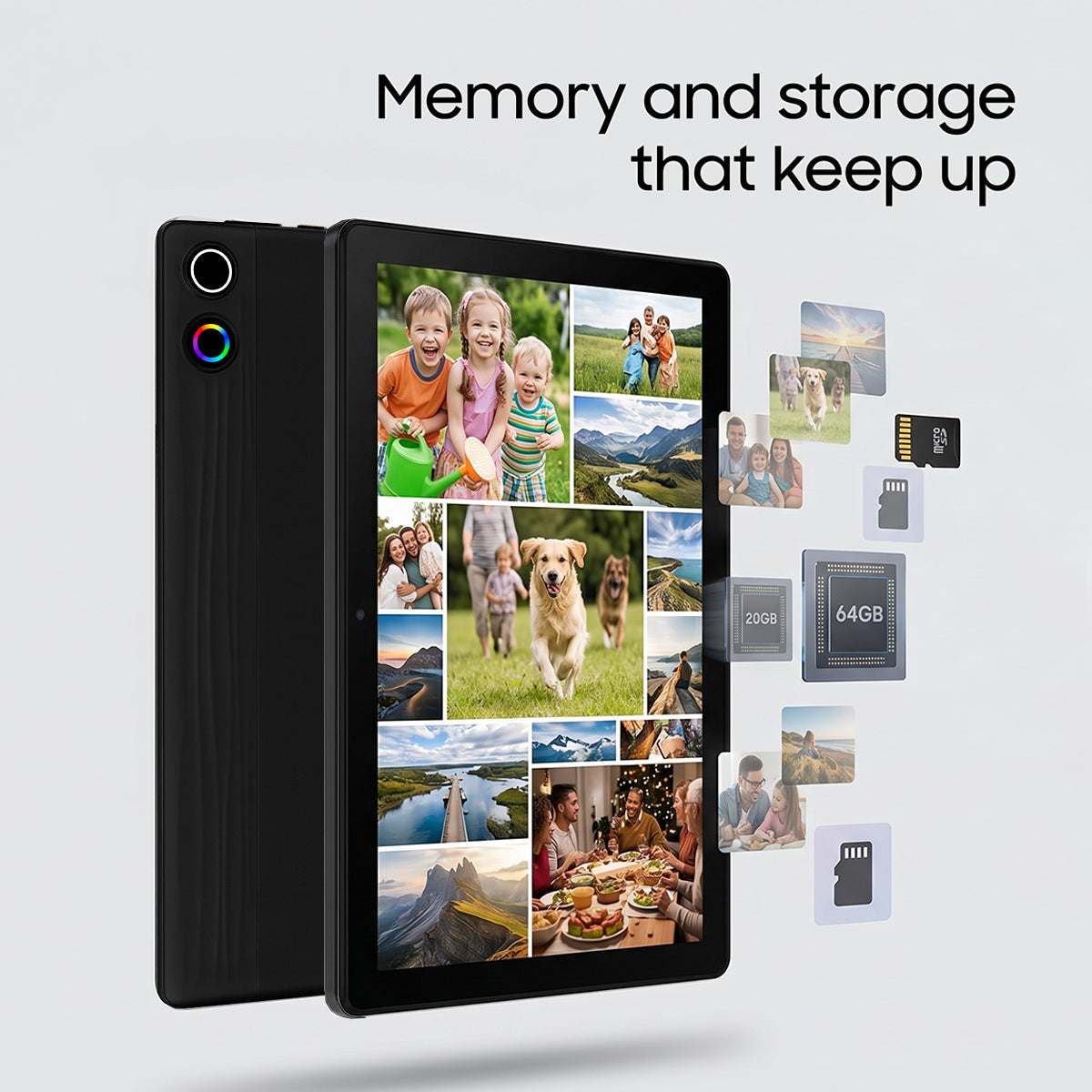 Black tablet with rear cover and flash memory cards shown beside the screen