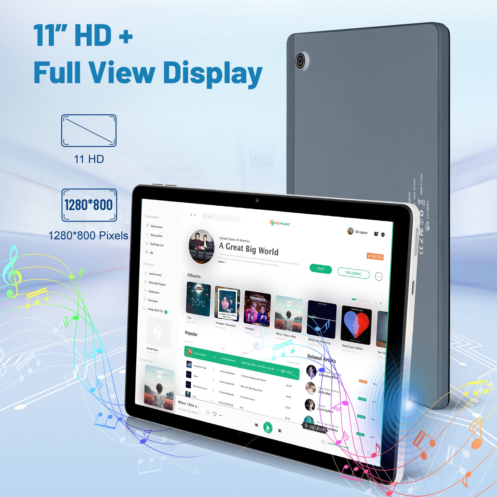 11-inch Android tablet showing full-view display, dark gray back tablet behind