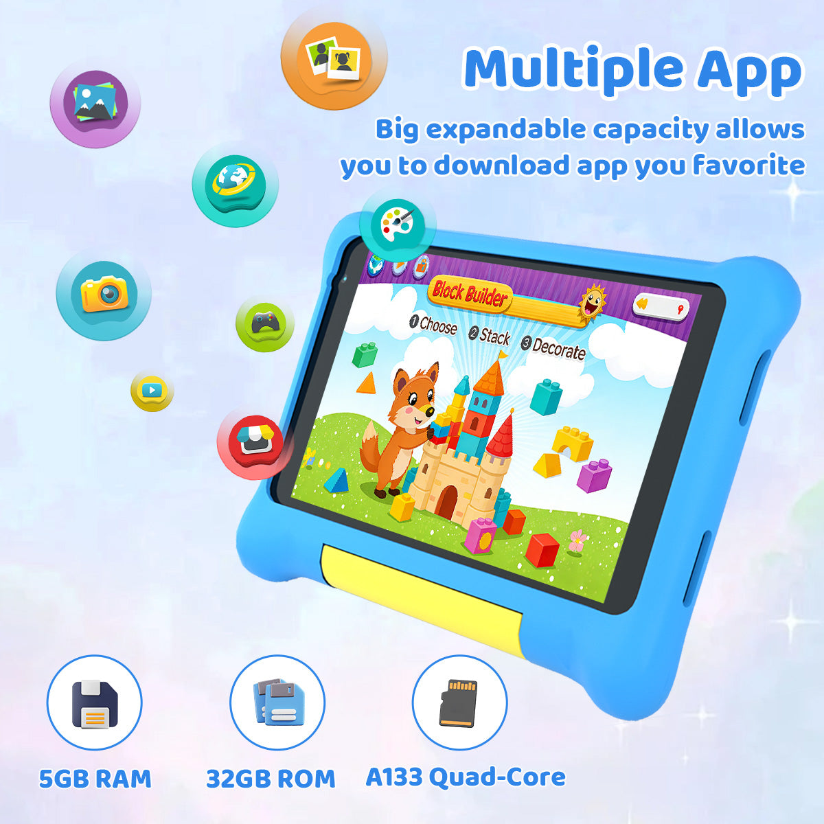 Blue kids tablet displaying colorful game app icons
