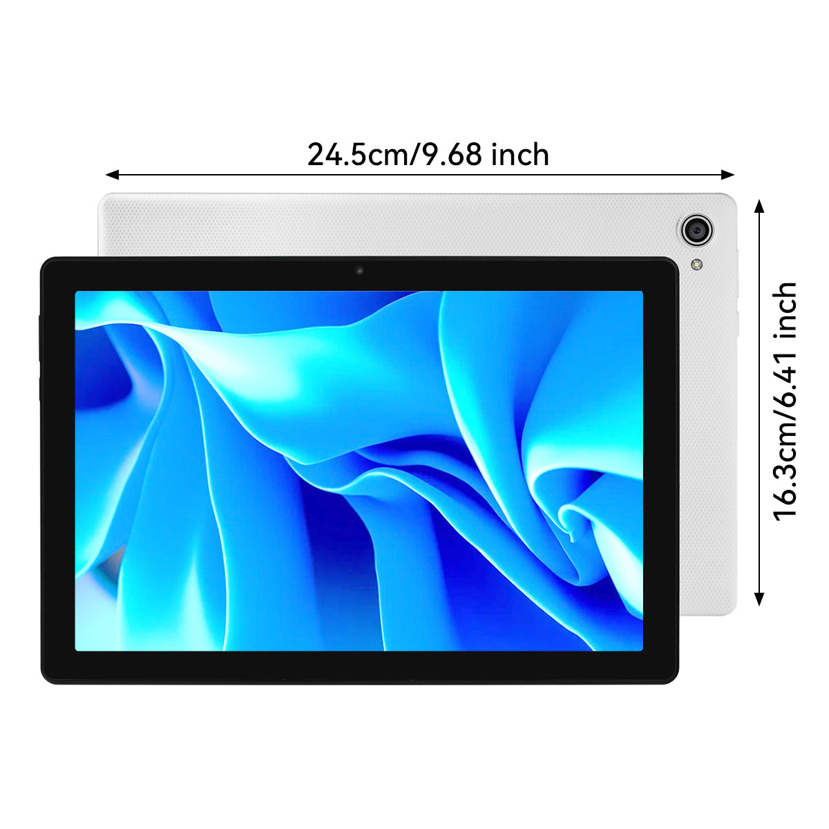 Tablet front view with black frame, blue screen, and size dimensions.