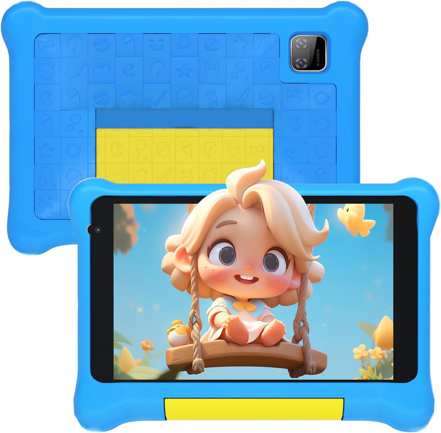 Blue kids tablet front and back view with rear camera, cartoon character on screen