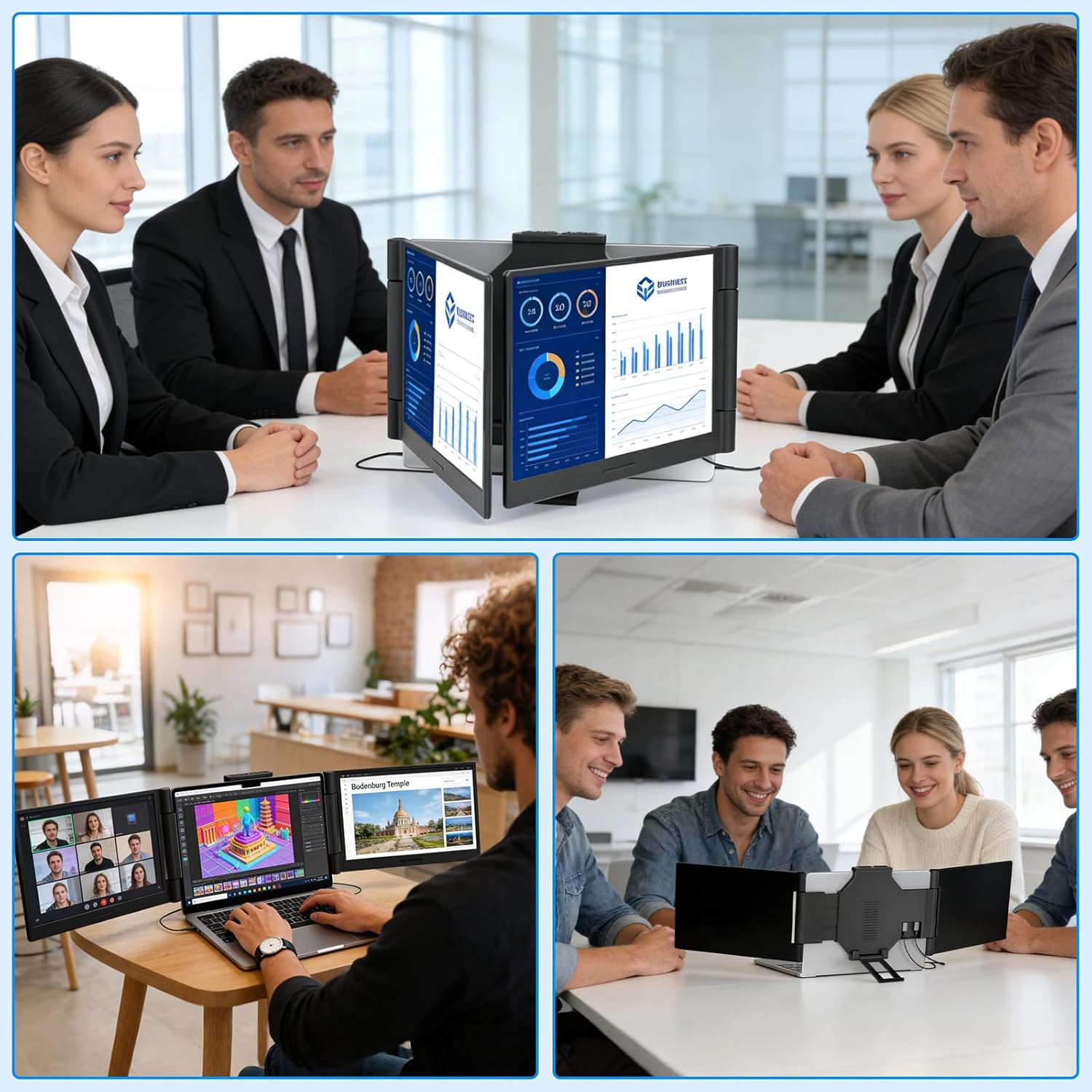 Triple portable monitor extender in multi-screen office meeting views