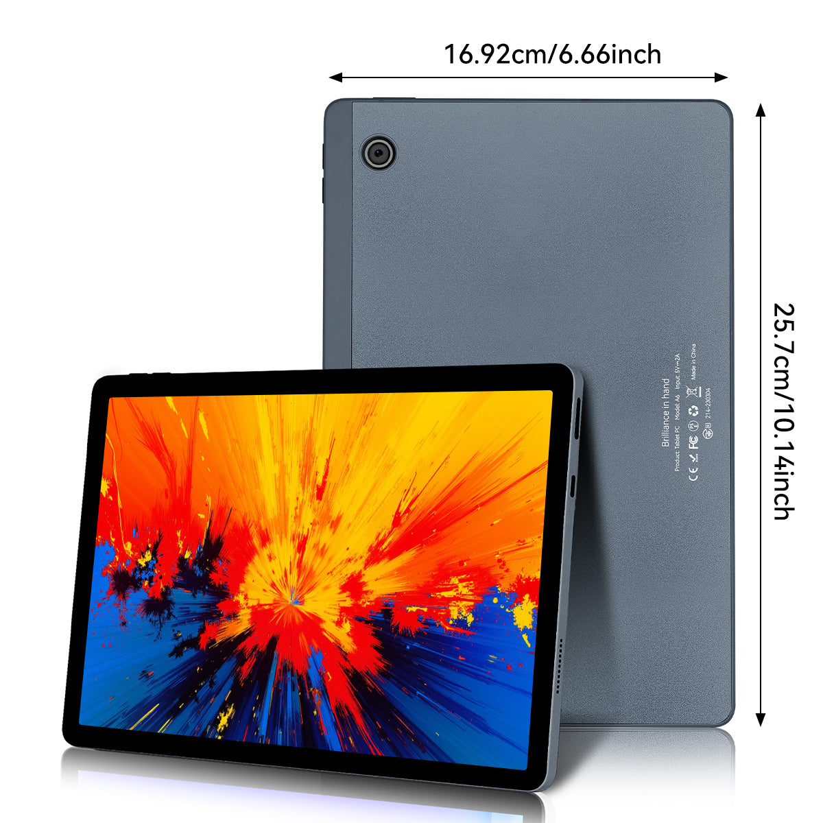 11-inch Android tablet front and dark gray back shown together, landscape view