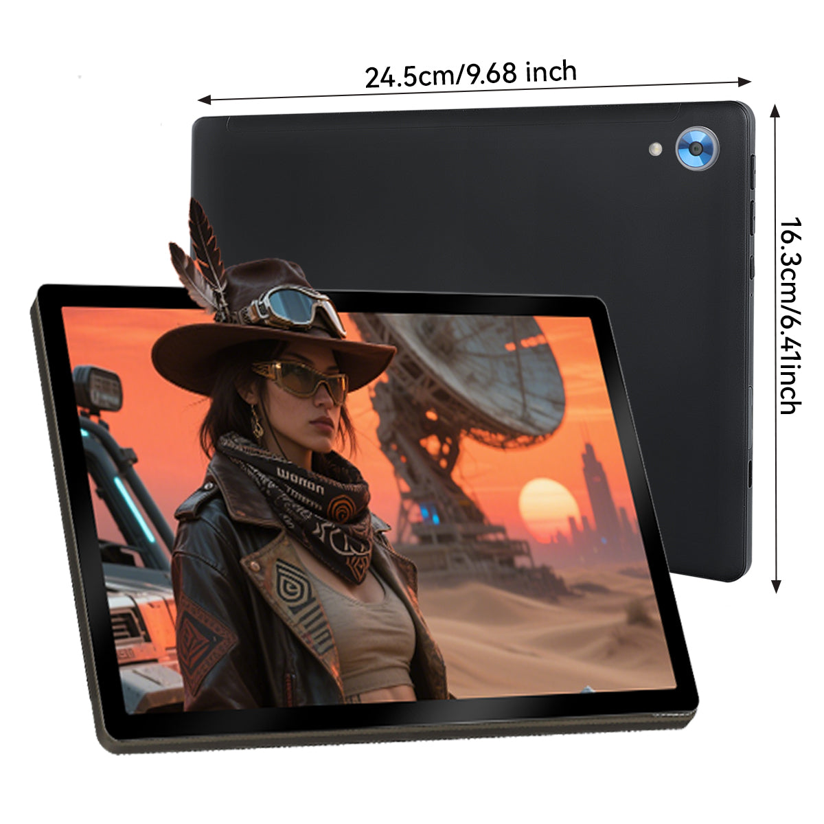 Black Android 10.1-inch tablet with front screen and back; size dimensions