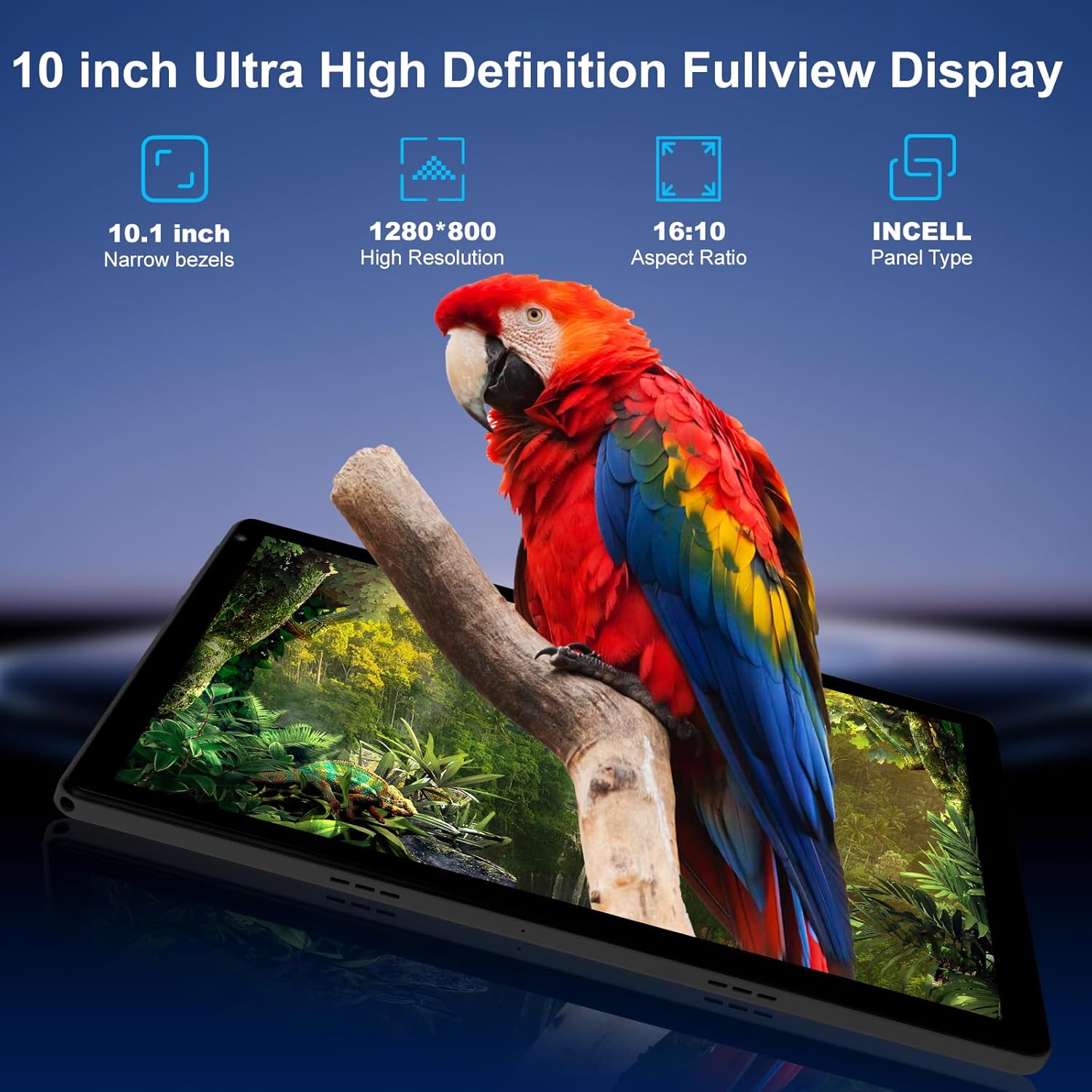 Android tablet with 10.1-inch high definition display showing parrot wallpaper