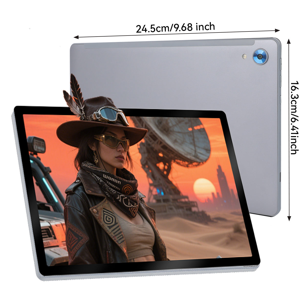 Gray 10.1-inch tablet shown from the front with black bezel and screen content