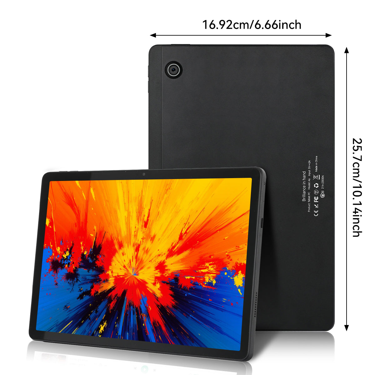 Black Android tablet with front screen and larger dark rear panel, side by side
