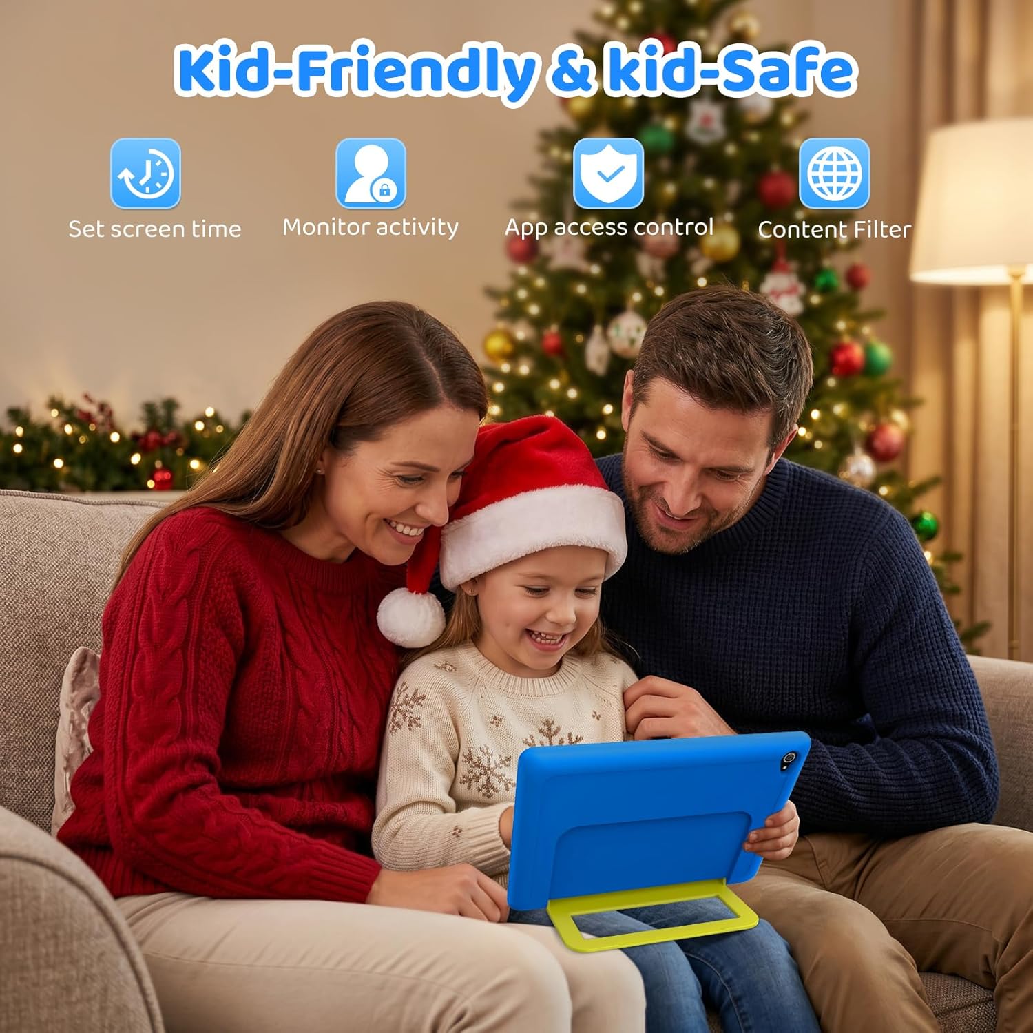 Kids tablet in blue being used by a family on a couch