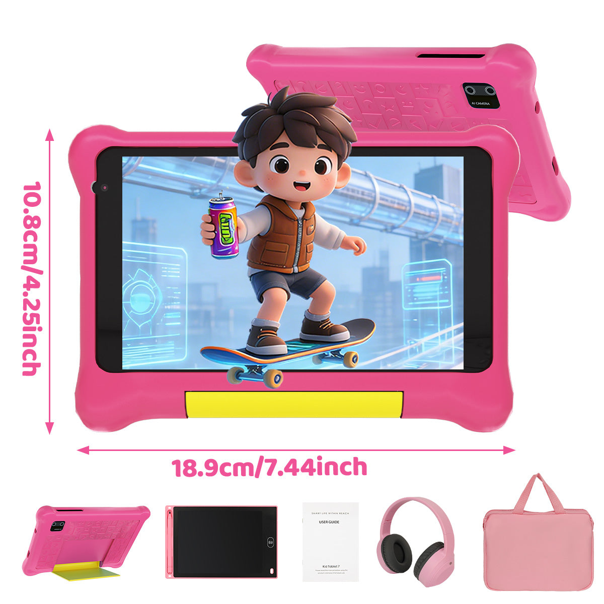 Pink kids tablet bundle front view with protective case, yellow stand, headphones, and travel bag