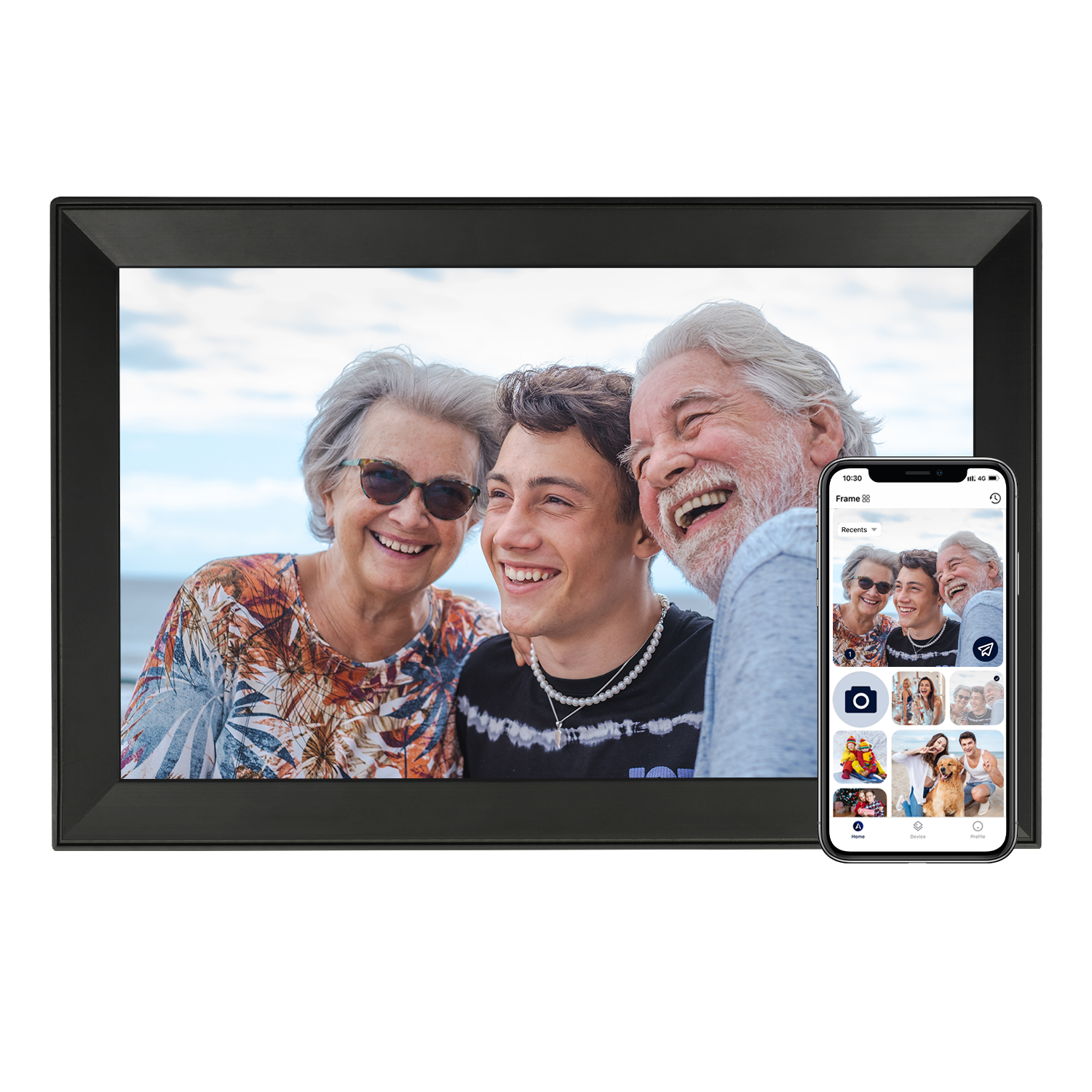 Digital picture frame with touch screen, black frame showing an outdoor family photo with phone preview