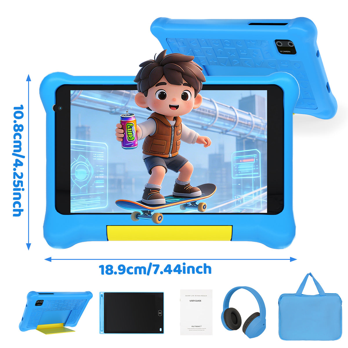 Blue kids tablet in protective case with included headphones and travel bag