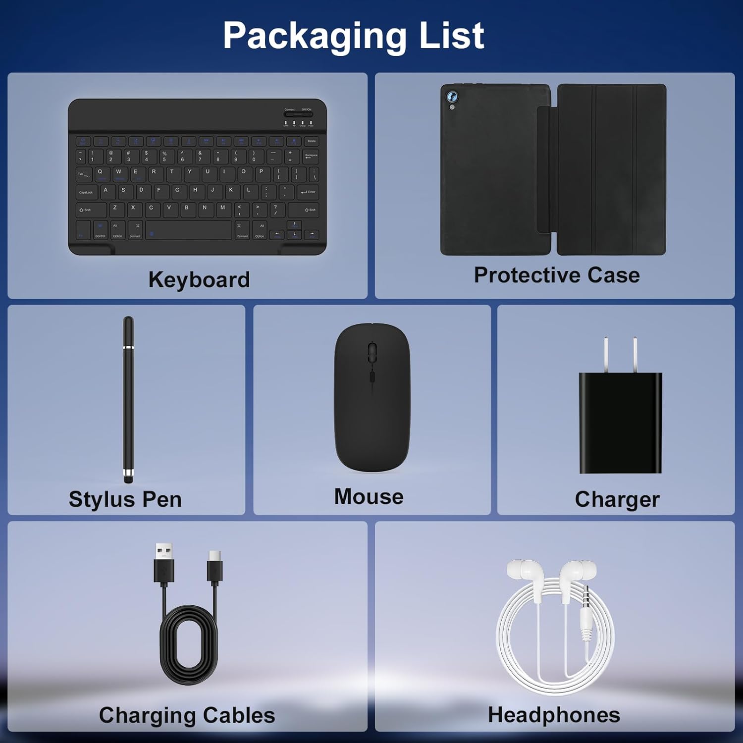 Tablet accessory set: keyboard, protective case, stylus pen, mouse, charger cables