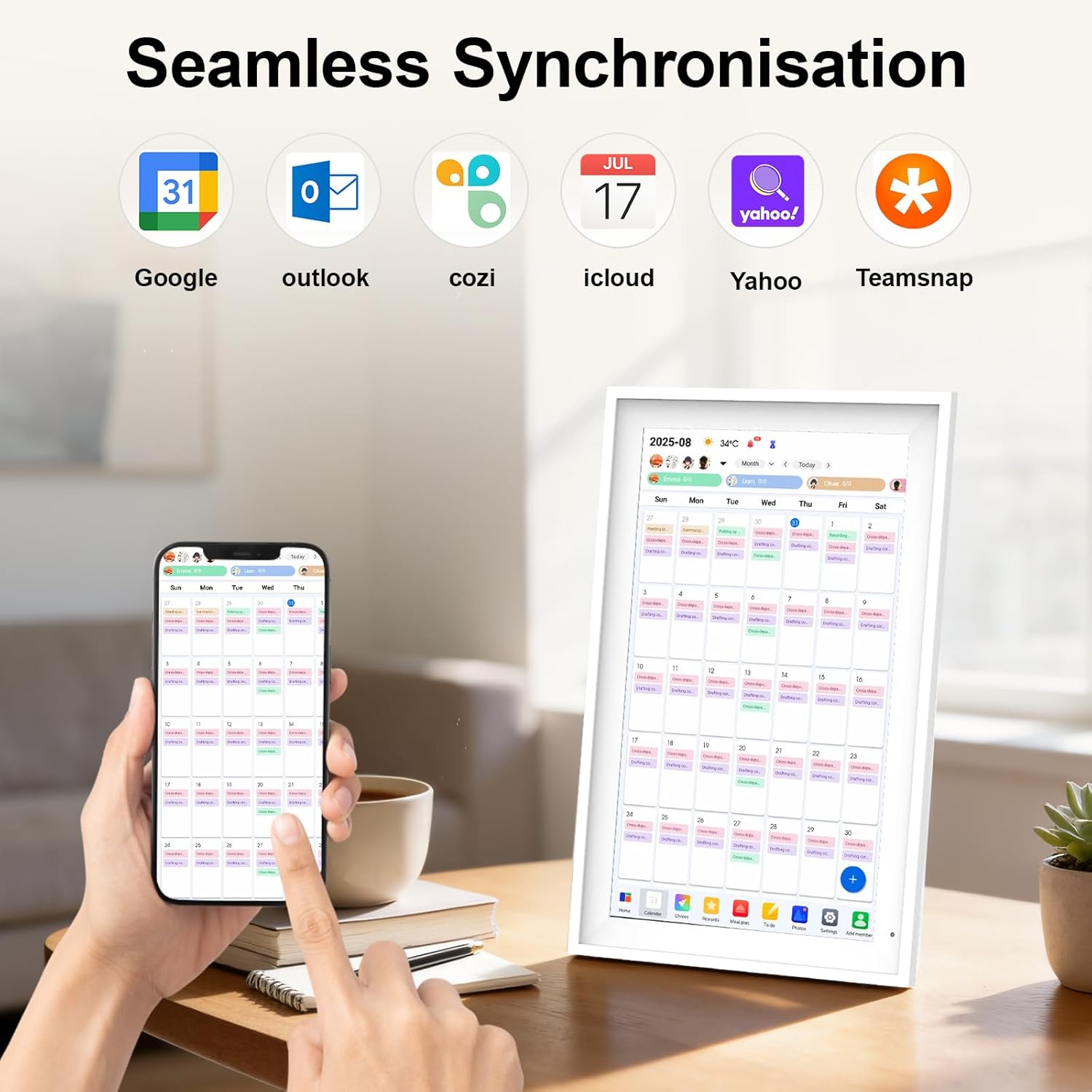 Electronic calendar display with sync app icons and phone app schedule screen