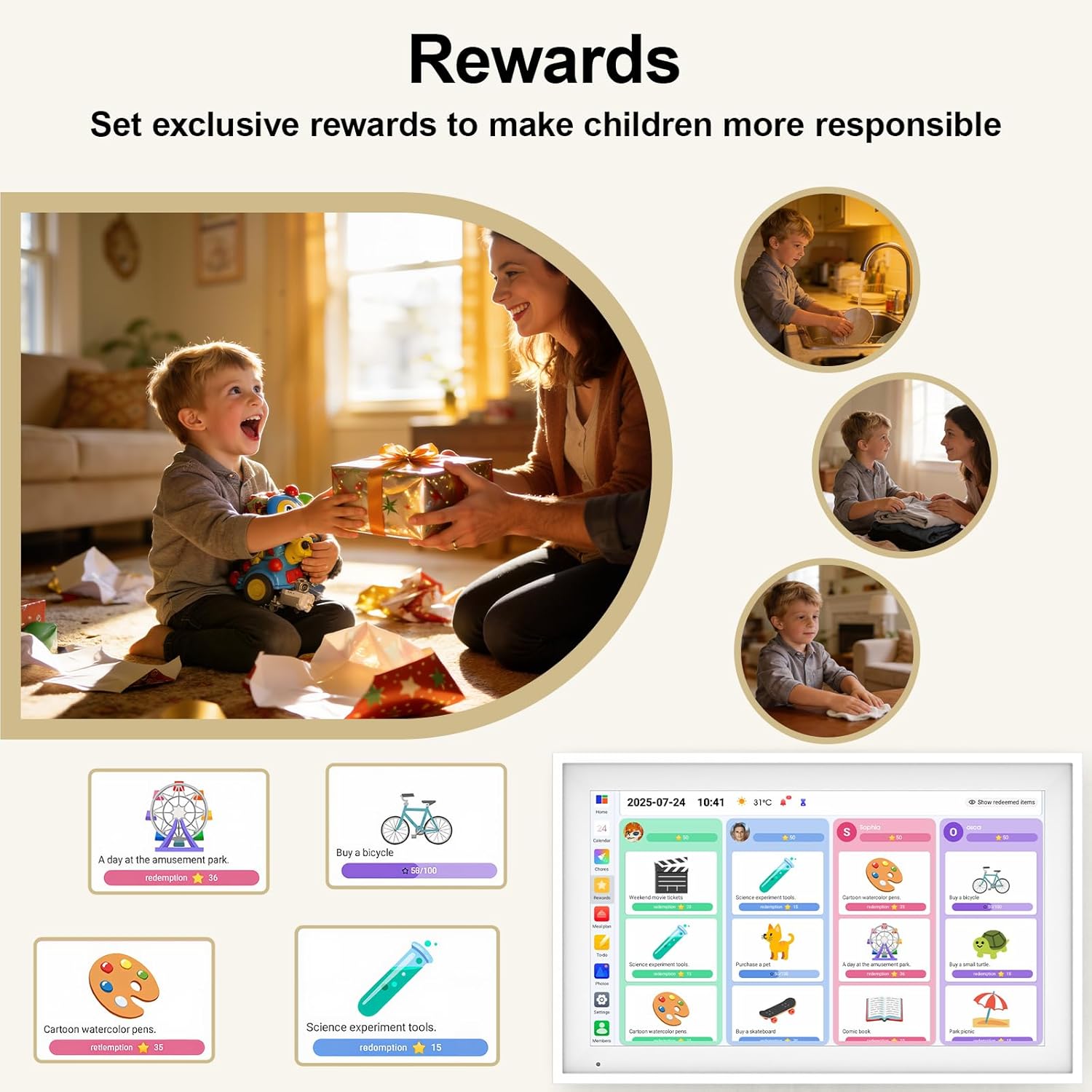 Digital calendar interface on framed screen beside reward infographic circles